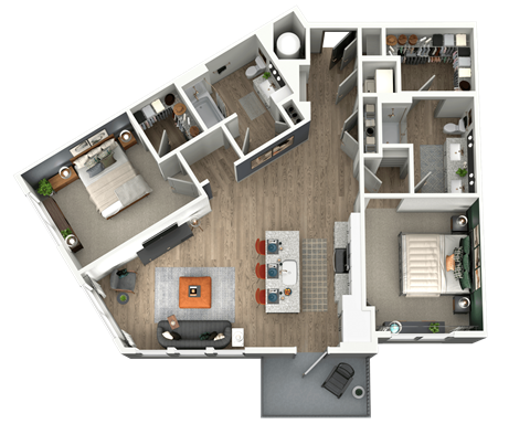 a 3d floor plan of a home with a bedroom and a living room